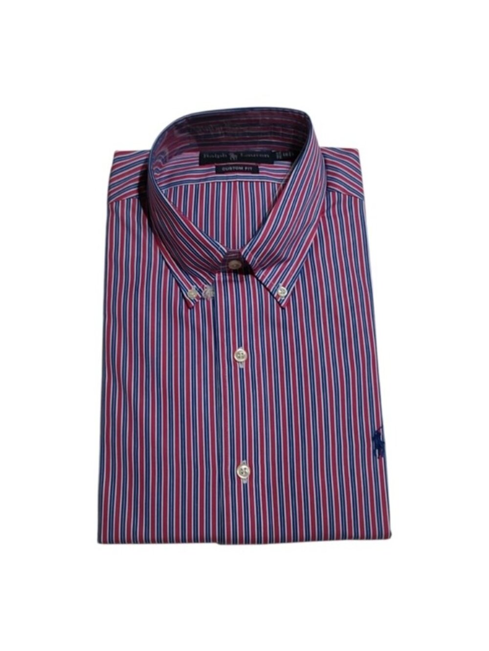 Ralph Lauren Red Blue Stripe Custom Fit Button Front Shirt 16 L 100% Cotton